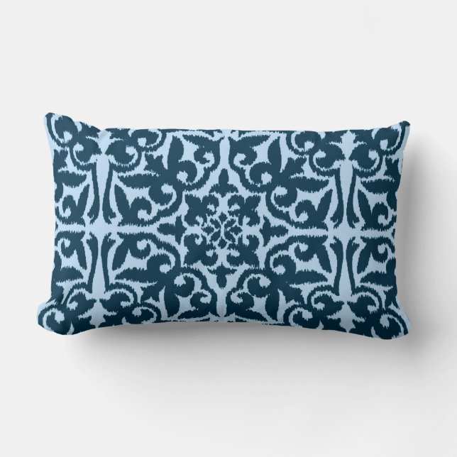 Ikat damask pattern - Dark Indigo and Light Blue Lumbar Cushion (Front)