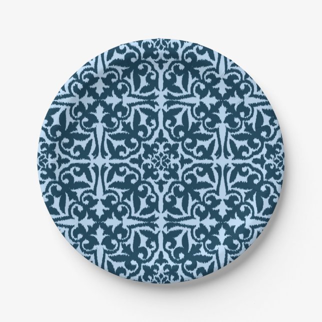 Ikat damask pattern - Dark Indigo and Light Blue Paper Plate (Front)