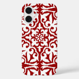 Ikat damask pattern - Dark Red and White iPhone 16 Case