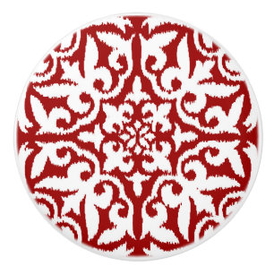 Ikat damask pattern - dark red and white ceramic knob