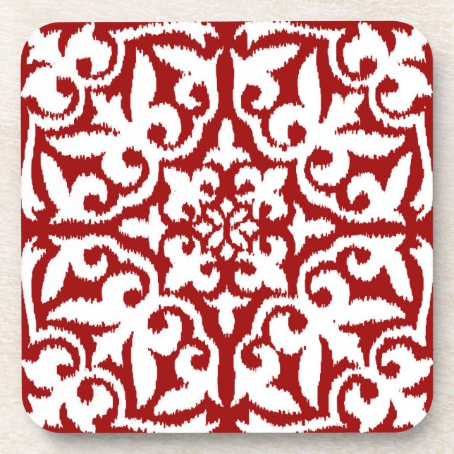 Ikat damask pattern - Dark Red and White Coaster (Front)