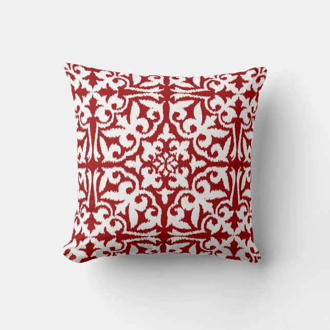 Ikat damask pattern - Dark Red and White Cushion (Front)