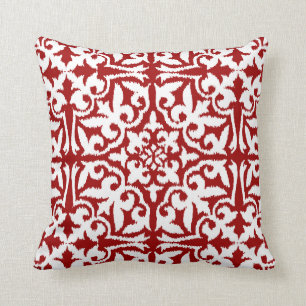 Ikat damask pattern - Dark Red and White Cushion