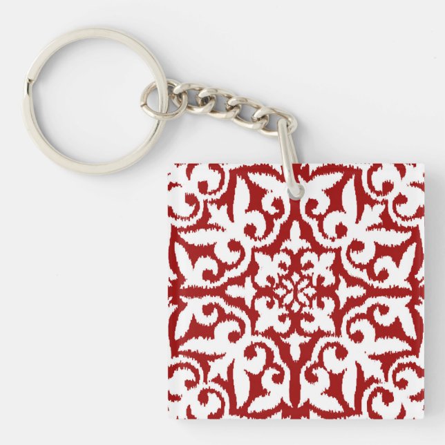Ikat damask pattern - Dark Red and White Key Ring (Front)