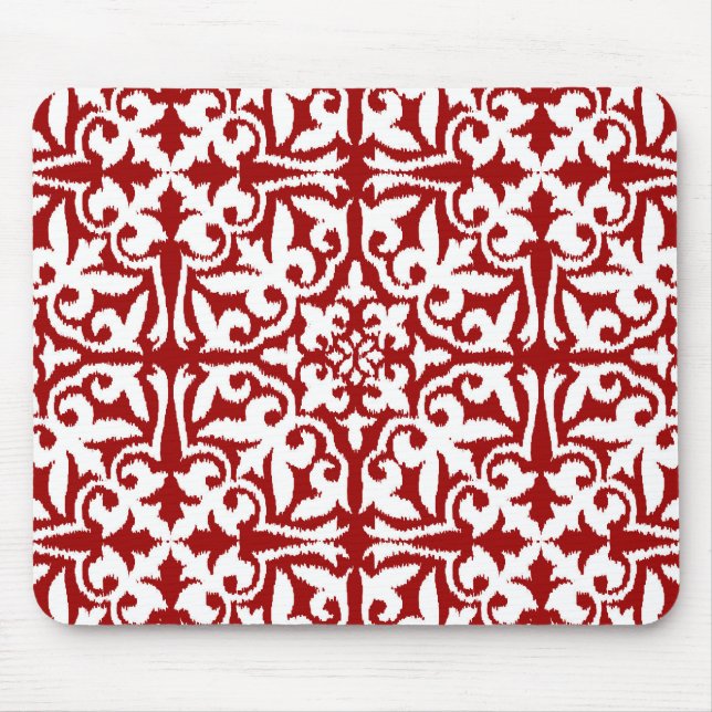 Ikat damask pattern - Dark Red and White Mouse Pad (Front)