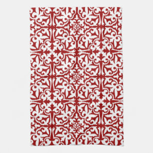 Ikat damask pattern - Dark Red and White Tea Towel