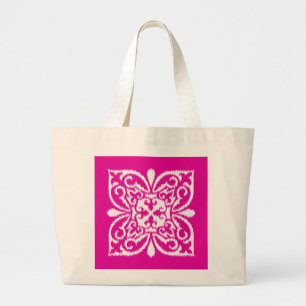 Ikat damask pattern - deep pink and white large tote bag
