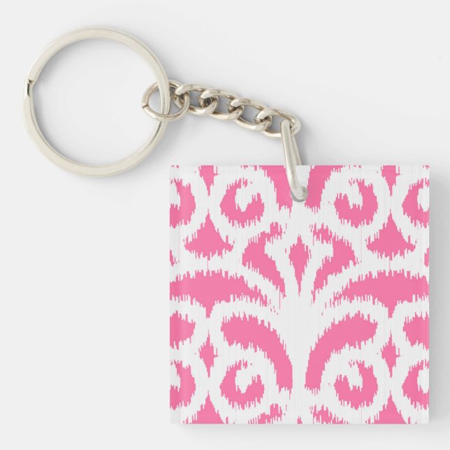 Ikat damask pattern - Fluorescent Pink Key Ring (Front)