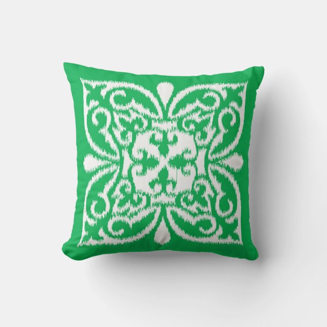 Ikat damask pattern - jade green and white cushion (Front)
