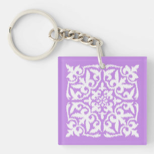 Ikat damask pattern - lavender and white key ring