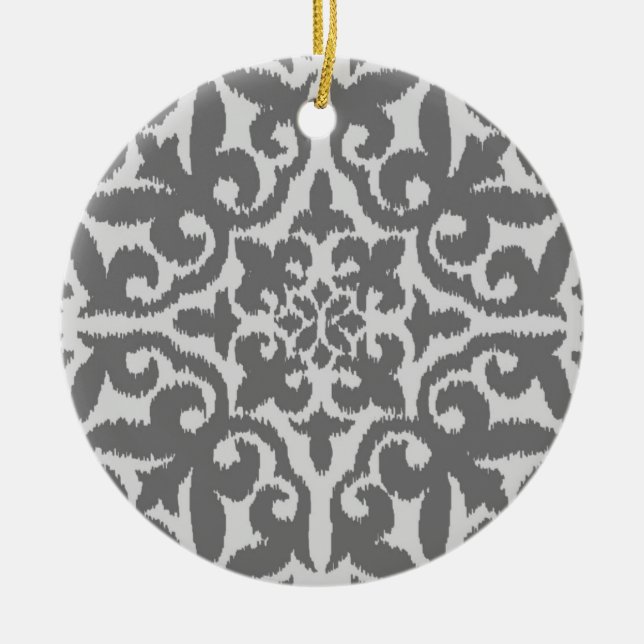 Ikat damask pattern - Light and Medium Grey Ceramic Tree Decoration (Front)