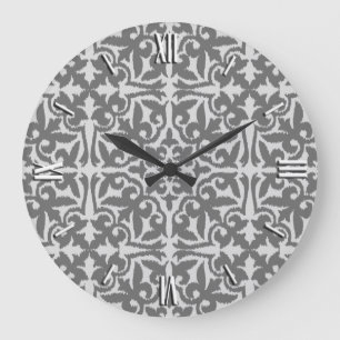 Ikat damask pattern - Light and Medium Grey Large Clock
