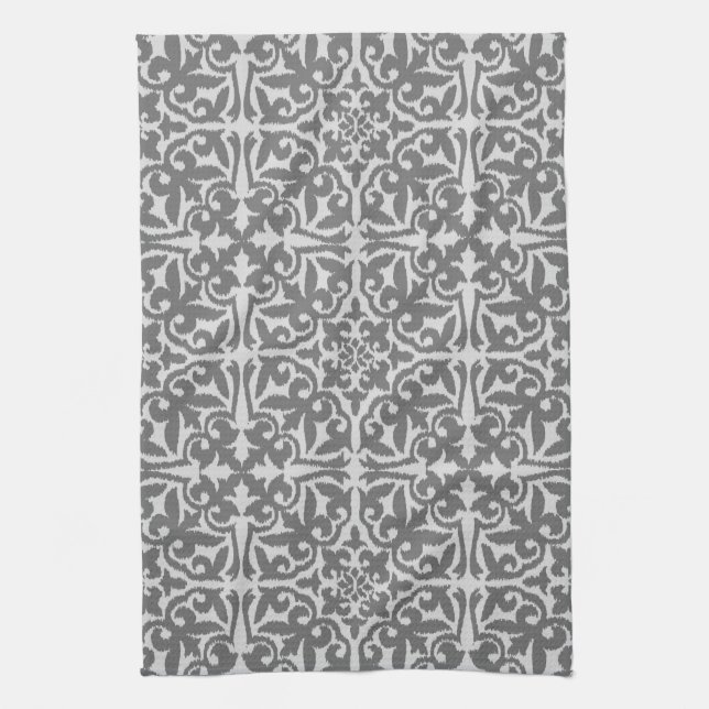 Ikat damask pattern - Light and Medium Grey Tea Towel (Vertical)