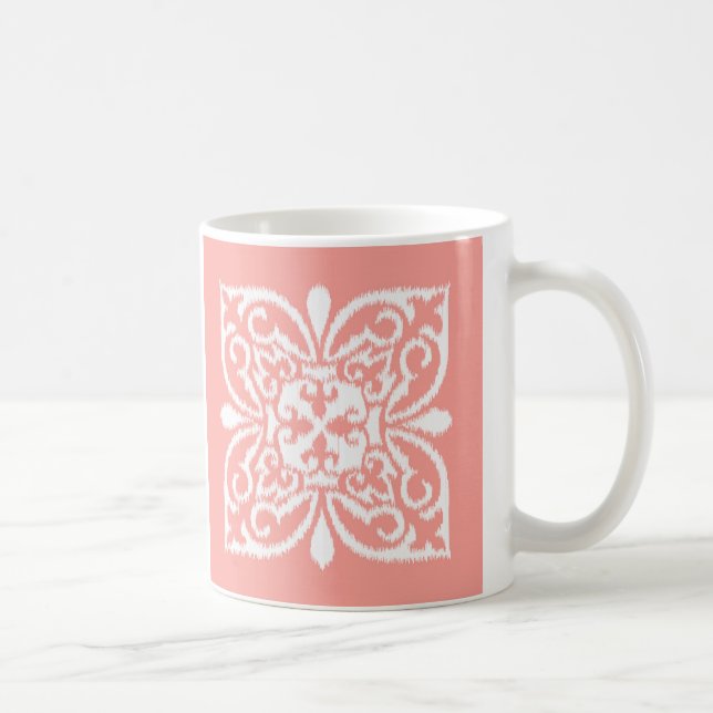 Ikat damask pattern - peach pink and white coffee mug (Right)
