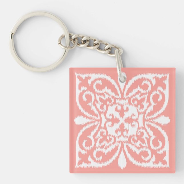 Ikat damask pattern - peach pink and white key ring (Front)