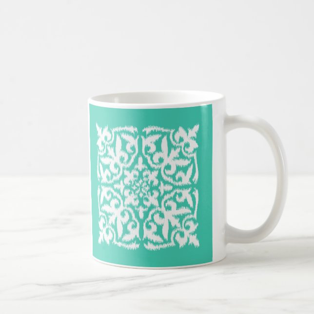 Ikat damask pattern - peacock blue and white coffee mug (Right)