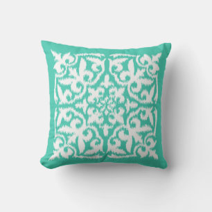 Ikat damask pattern - peacock blue and white cushion