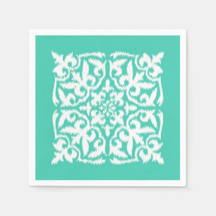 Ikat damask pattern - peacock blue and white napkin