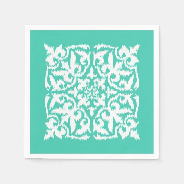 Ikat damask pattern - peacock blue and white napkin (Front)