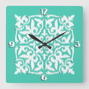 Ikat damask pattern - peacock blue and white square wall clock