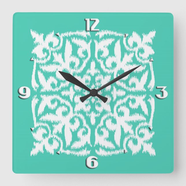 Ikat damask pattern - peacock blue and white square wall clock (Front)