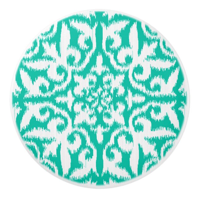 Ikat damask pattern - peacock / turquoise & white ceramic knob (Front)