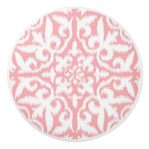 Ikat damask pattern - shell pink and white ceramic knob