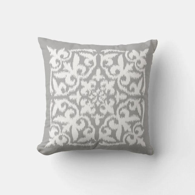 Ikat damask pattern - silver grey and white cushion (Front)