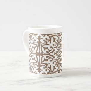Ikat damask pattern - Taupe Tan and White Bone China Mug