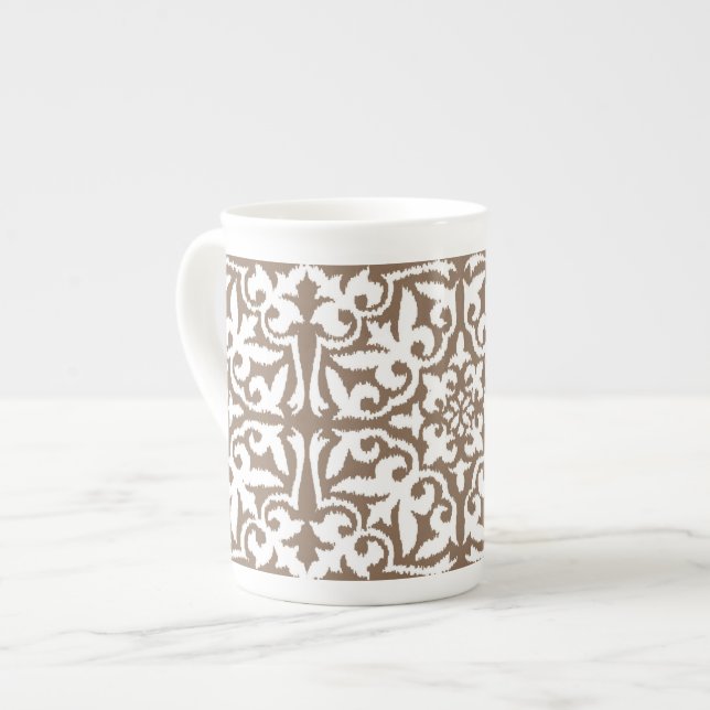 Ikat damask pattern - Taupe Tan and White Bone China Mug (Front Left)