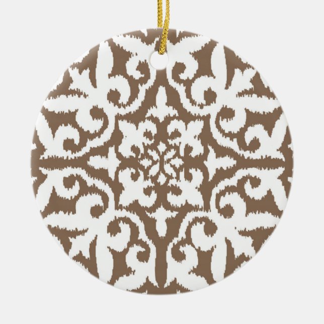 Ikat damask pattern - Taupe Tan and White Ceramic Tree Decoration (Front)