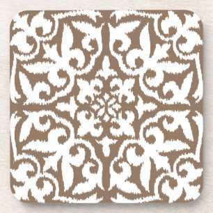 Ikat damask pattern - Taupe Tan and White Coaster