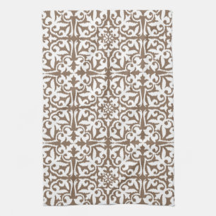 Ikat damask pattern - Taupe Tan and White Tea Towel