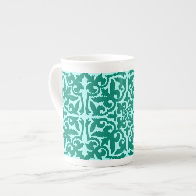 Ikat damask pattern - Turquoise and Aqua Bone China Mug (Front Left)