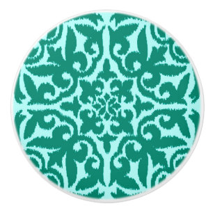 Ikat damask pattern - Turquoise and Aqua Ceramic Knob