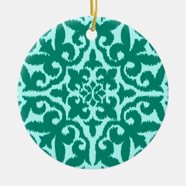 Ikat damask pattern - Turquoise and Aqua Ceramic Tree Decoration (Front)