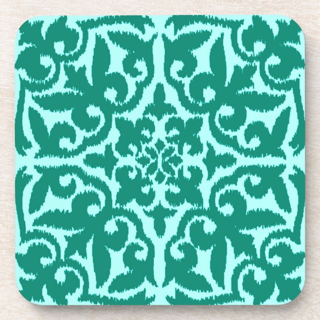 Ikat damask pattern - Turquoise and Aqua Coaster (Front)