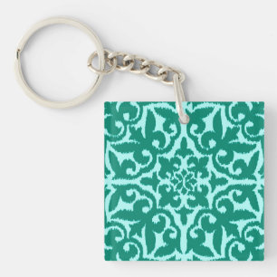 Ikat damask pattern - Turquoise and Aqua Key Ring