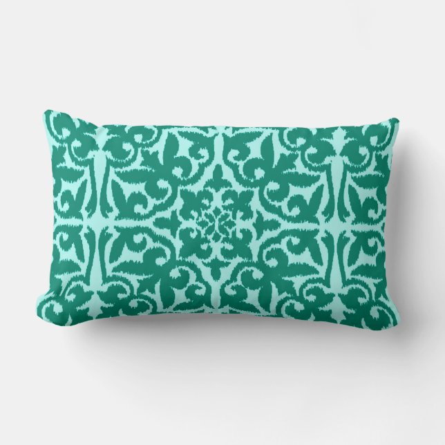 Ikat damask pattern - Turquoise and Aqua Lumbar Cushion (Front)