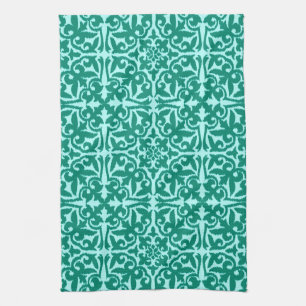 Ikat damask pattern - Turquoise and Aqua Tea Towel