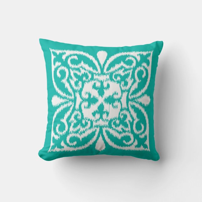 Ikat damask pattern - turquoise and white cushion (Front)