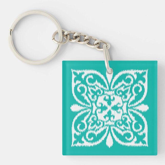 Ikat damask pattern - turquoise and white key ring (Front)