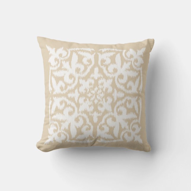 Ikat damask pattern - warm beige and white cushion (Front)