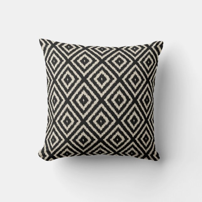 Ikat Diamond Pattern in Black and Cream Cushion (Front)