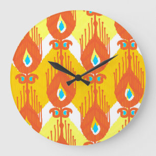Ikat Fabric Pattern: Ethnic Vintage Design. Large Clock
