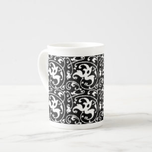 Ikat Floral Damask - Black and White Bone China Mug