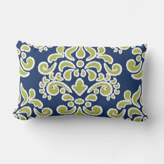 Ikat Floral Damask Blue and Chatreuse Outdoor Cushion (Front)