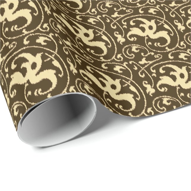 Ikat Floral Damask - Chocolate Brown and Tan Wrapping Paper (Roll Corner)