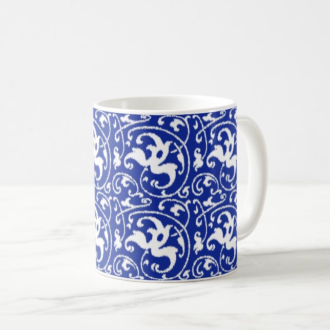 Ikat Floral Damask - Cobalt Blue and White Coffee Mug (Front Right)