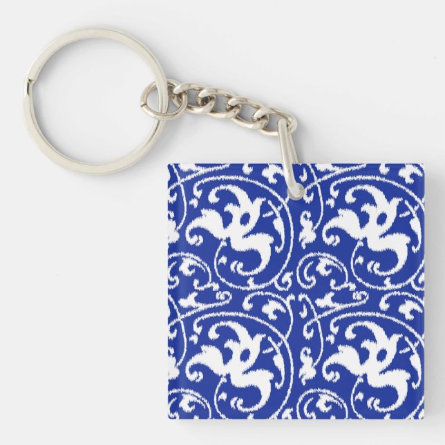 Ikat Floral Damask - Cobalt Blue and White Key Ring (Front)